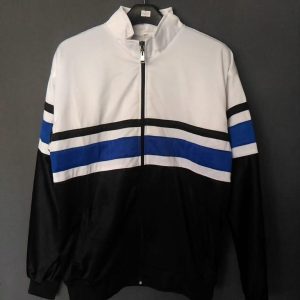 Jaket Tracktop Putih Hitam List Aksen Biru Premium