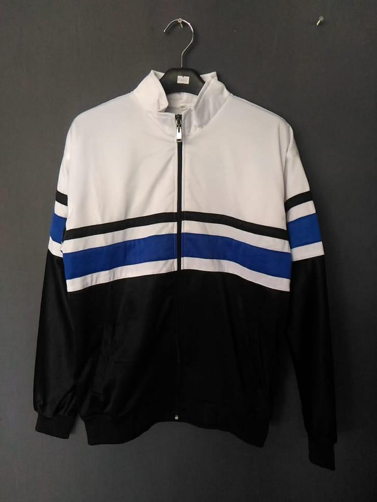 Jaket Tracktop Putih Hitam List Aksen Biru Premium
